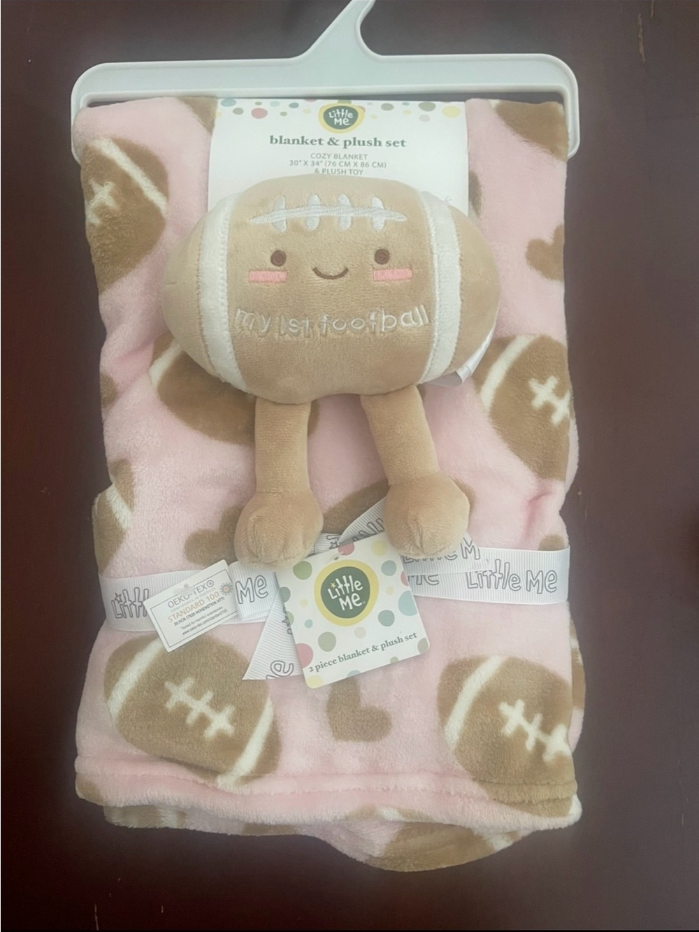 Little Me Pink and Tan Football Plush Blanket Set